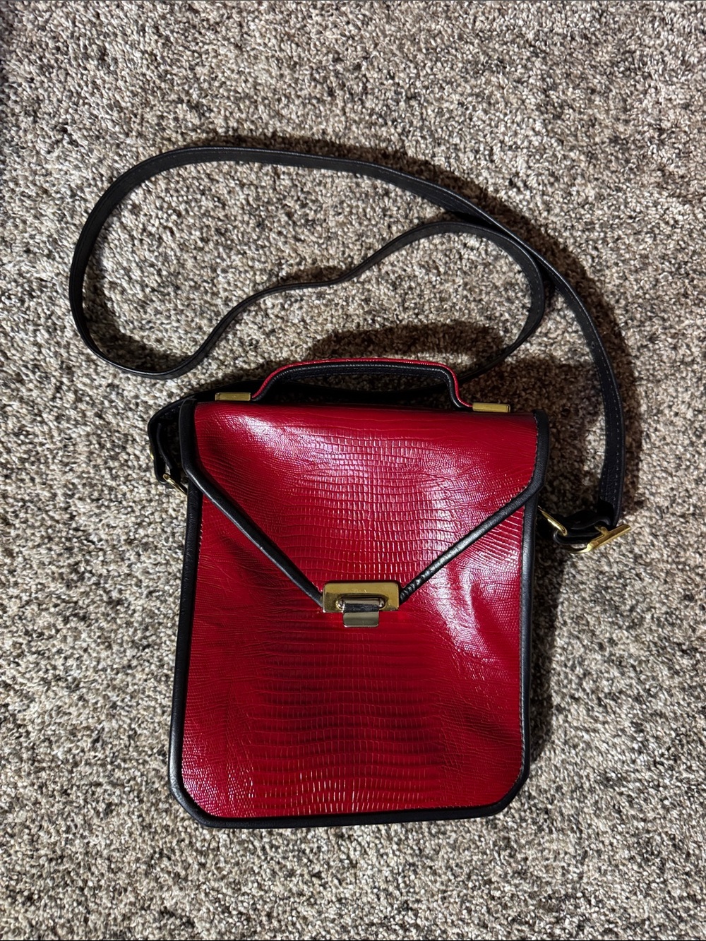 Red Faux-Lizard Crossbody Satchel with Adjustable Strap